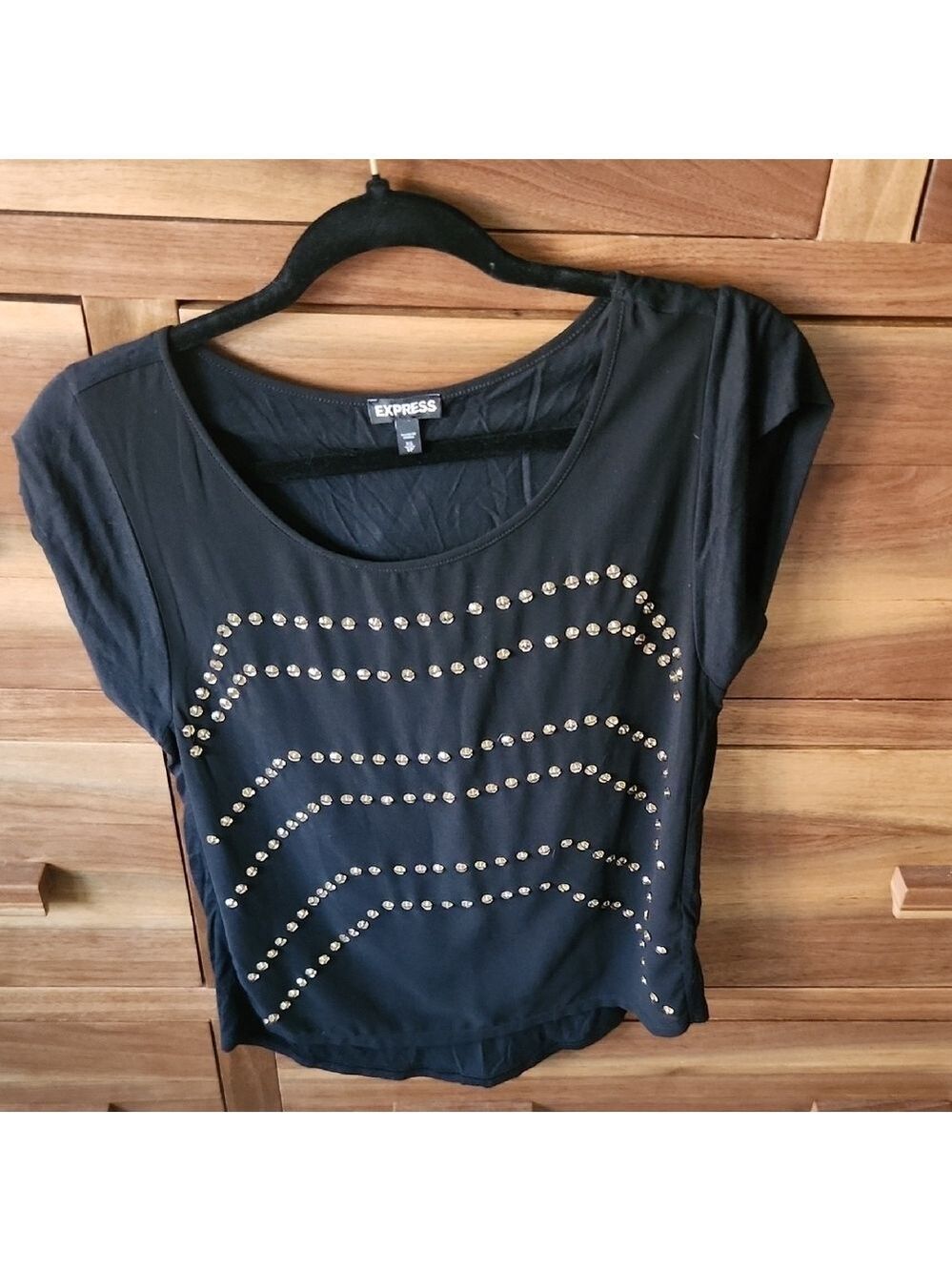 Express Black Gold Rhinestone Embellished Lightweight Cap Sleeve Blouse